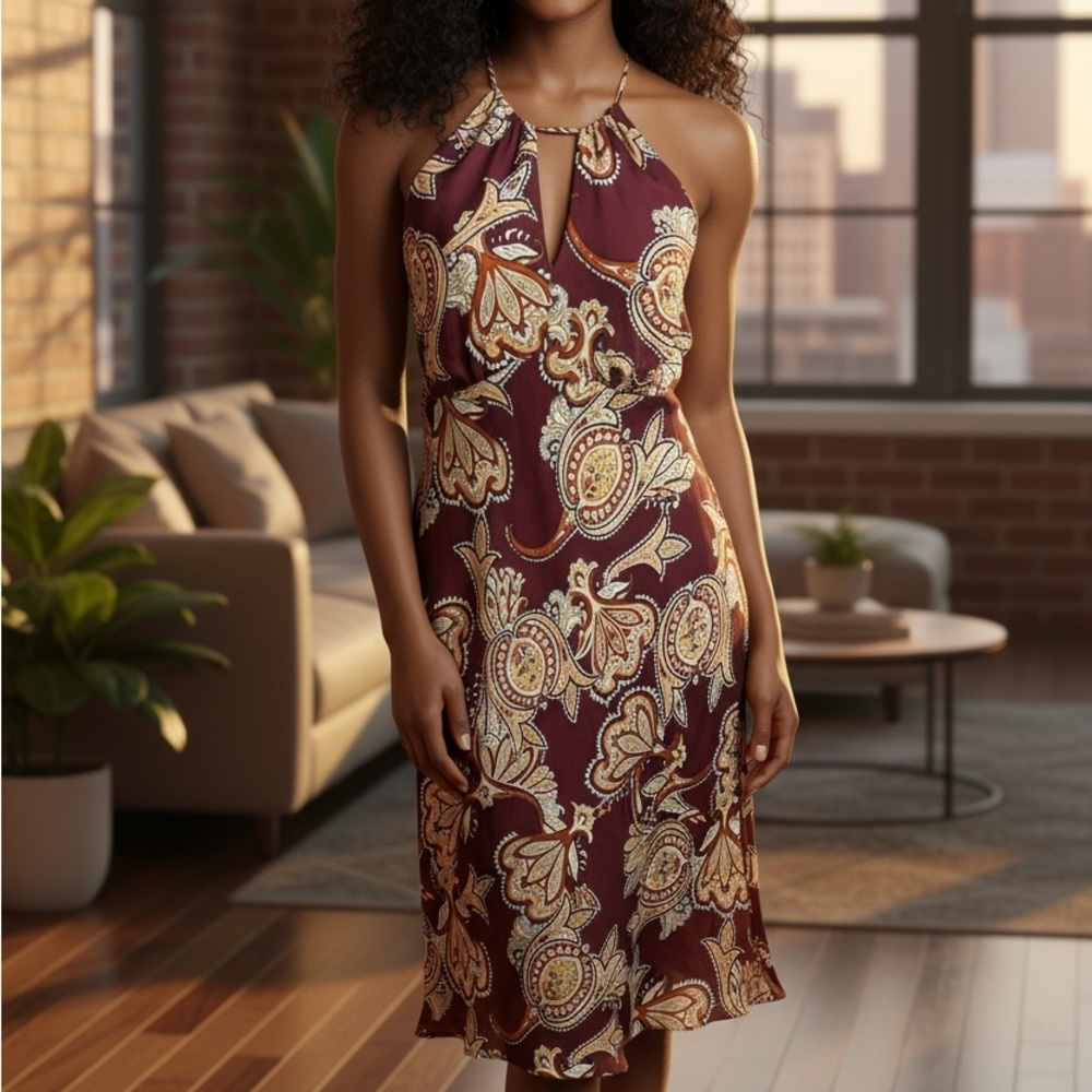 Ann Taylor LOFT Boho Paisley Halter Midi Dress Size 10
